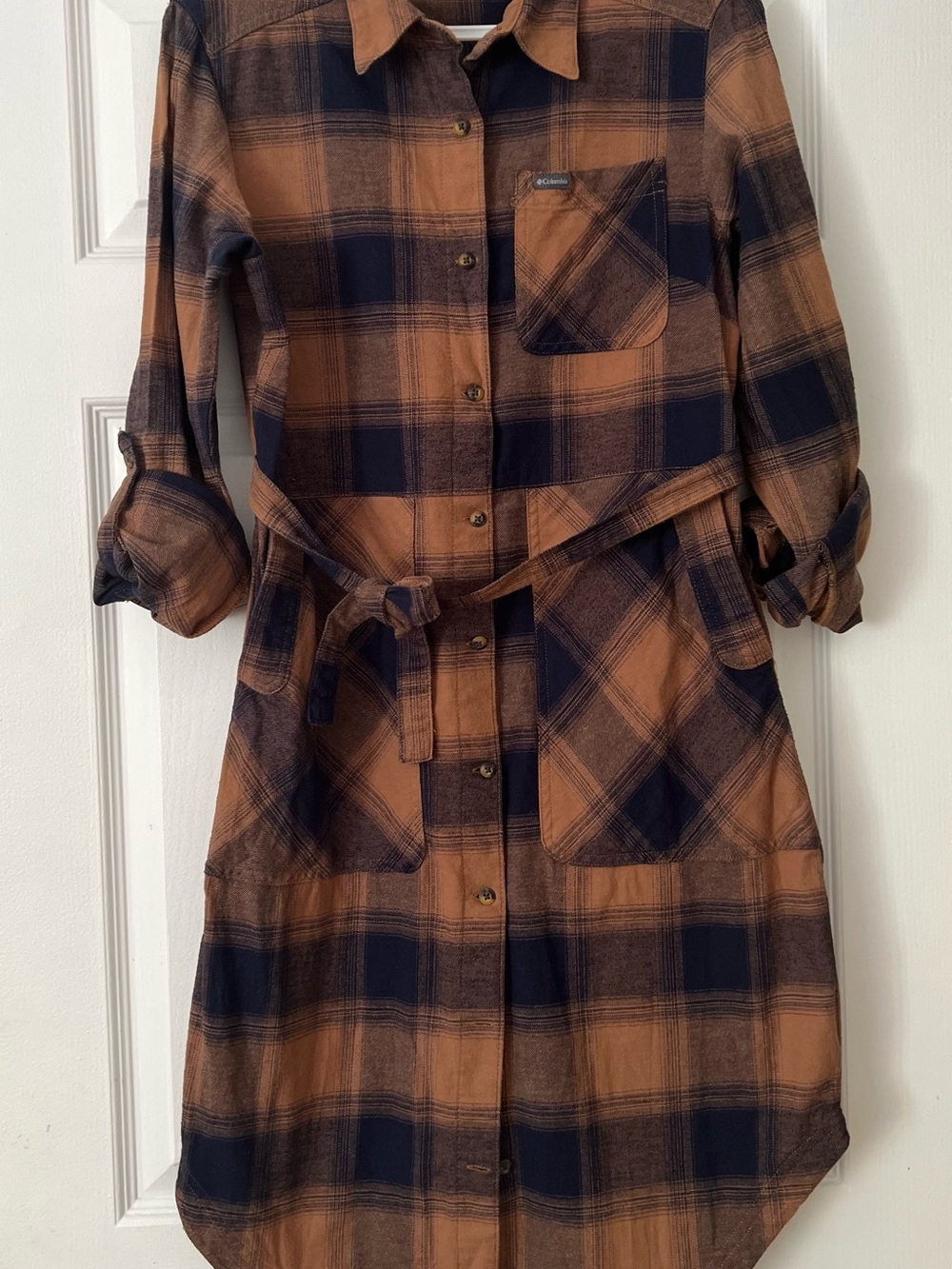 Columbia Plaid Flannel Shirt Dress with Tie Belt - Size S